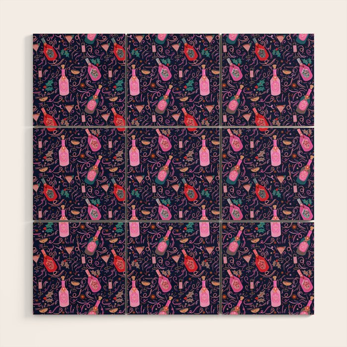 Festive Celebration Pattern  Holiday Champagne Bottles  and Cheers Wood Wall Art Gallery Image 1
