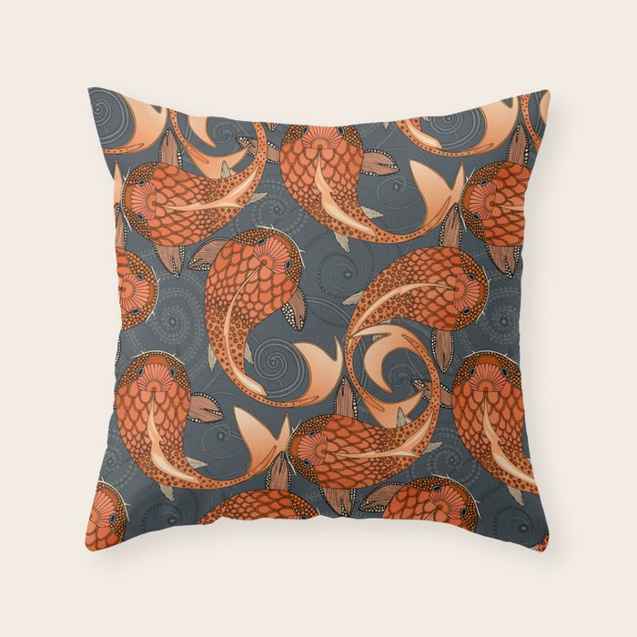 paisley fish gray Throw Pillow Gallery Image 1
