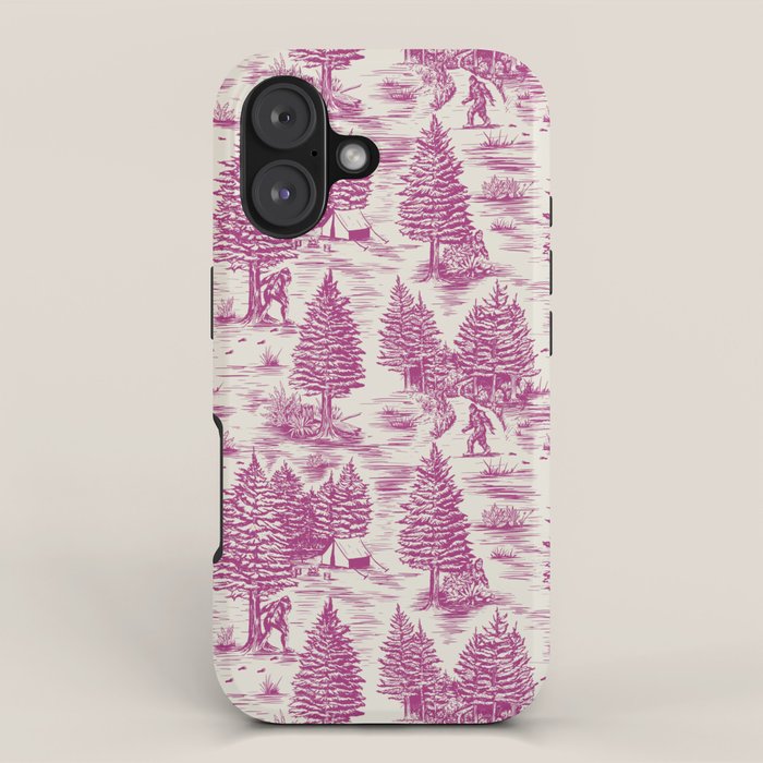 Magenta Bigfoot / Sasquatch Toile de Jouy iPhone Case Gallery Image 1