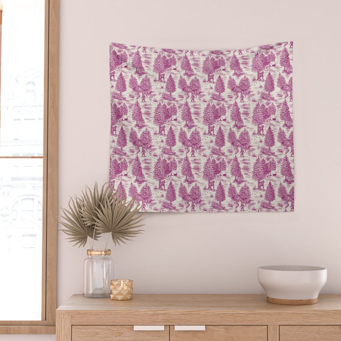 Magenta Bigfoot / Sasquatch Toile de Jouy Wall Tapestry Gallery Image 2