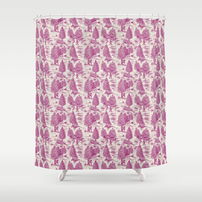 Magenta Bigfoot / Sasquatch Toile de Jouy Shower Curtain Gallery Image 1