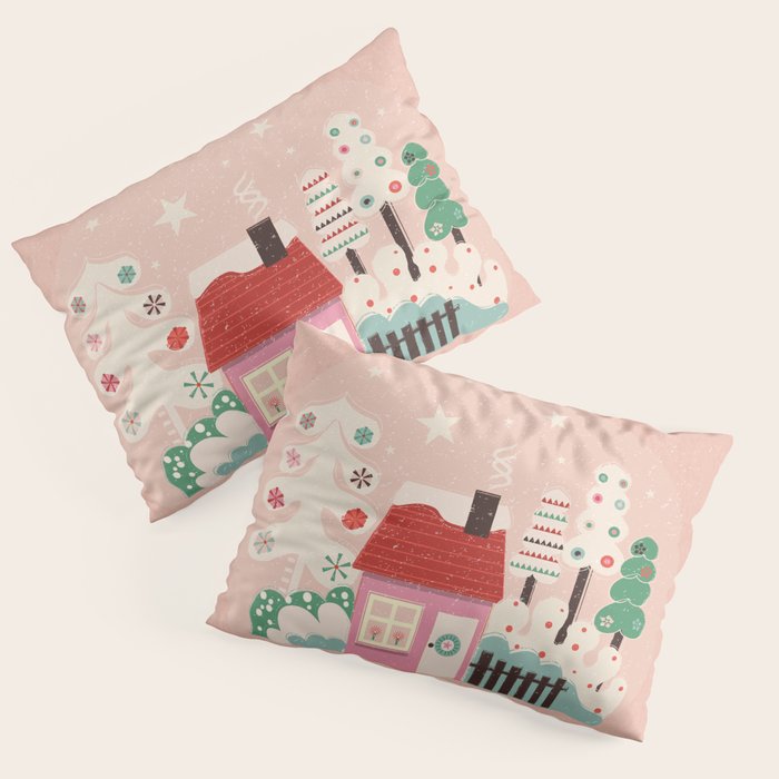 Festive Winter Hut in pink Pillow Sham Gallery Image 1