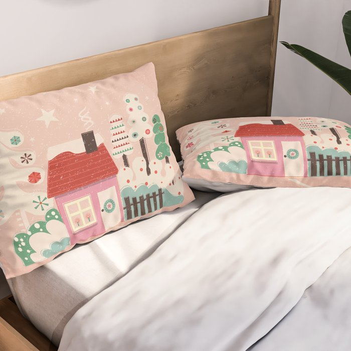 Festive Winter Hut in pink Pillow Sham Gallery Image 2