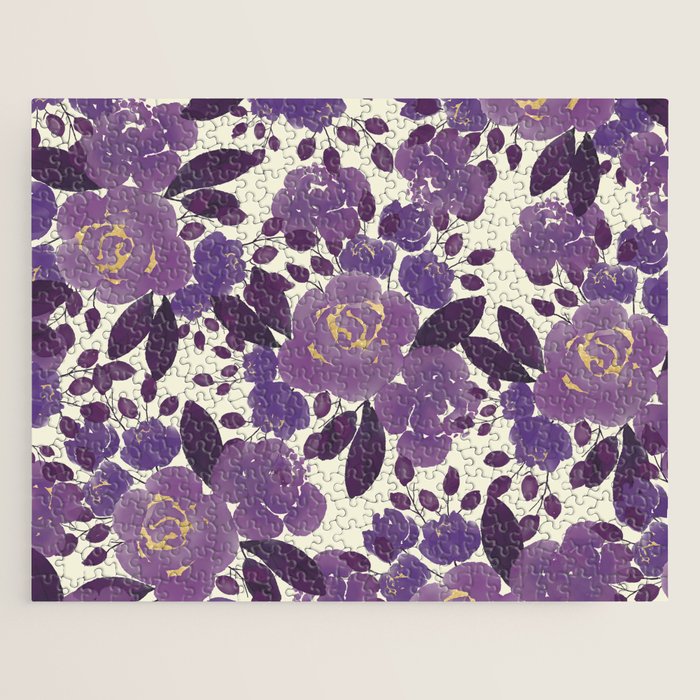 Elegant ivory gold lavender purple watercolor floral  Jigsaw Puzzle Gallery Image 1