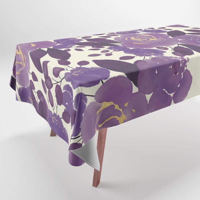 Elegant ivory gold lavender purple watercolor floral  Tablecloth Gallery Image 1