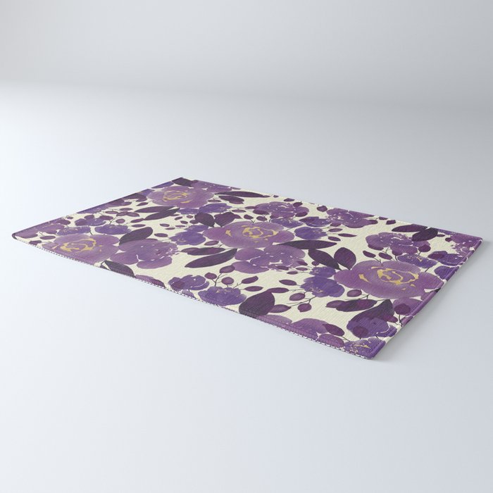Elegant ivory gold lavender purple watercolor floral  Rug Gallery Image 3