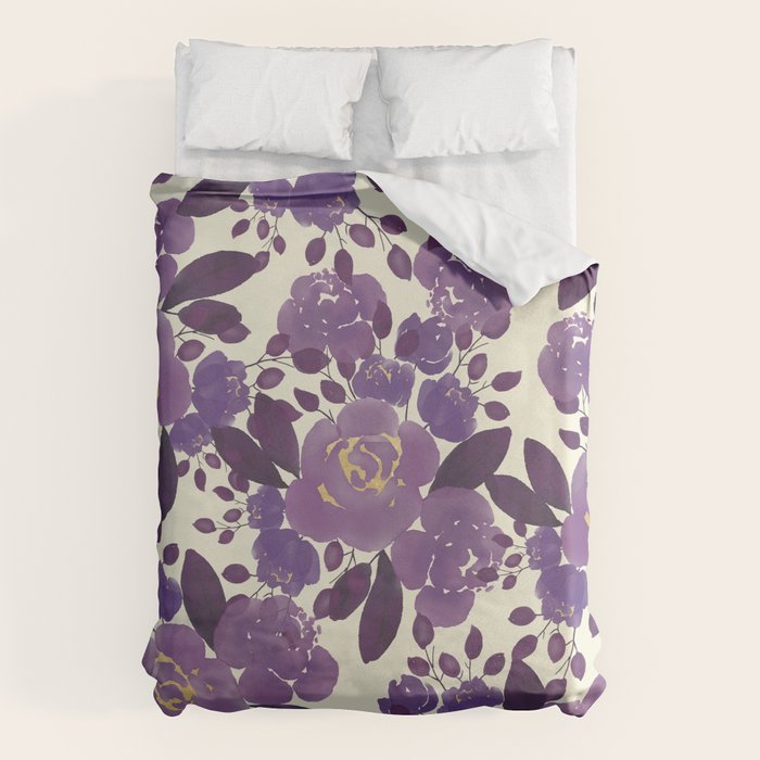 Elegant ivory gold lavender purple watercolor floral  Duvet Cover Gallery Image 1