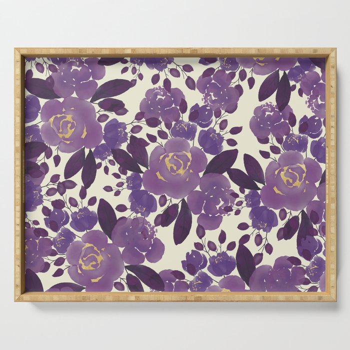 Elegant ivory gold lavender purple watercolor floral  Serving Tray Gallery Image 1
