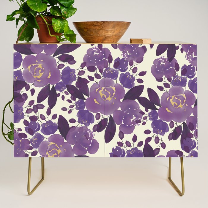 Elegant ivory gold lavender purple watercolor floral  Credenza Gallery Image 1
