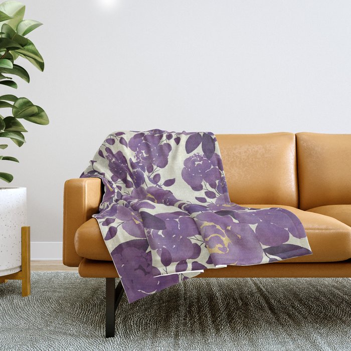 Elegant ivory gold lavender purple watercolor floral  Throw Blanket Gallery Image 1