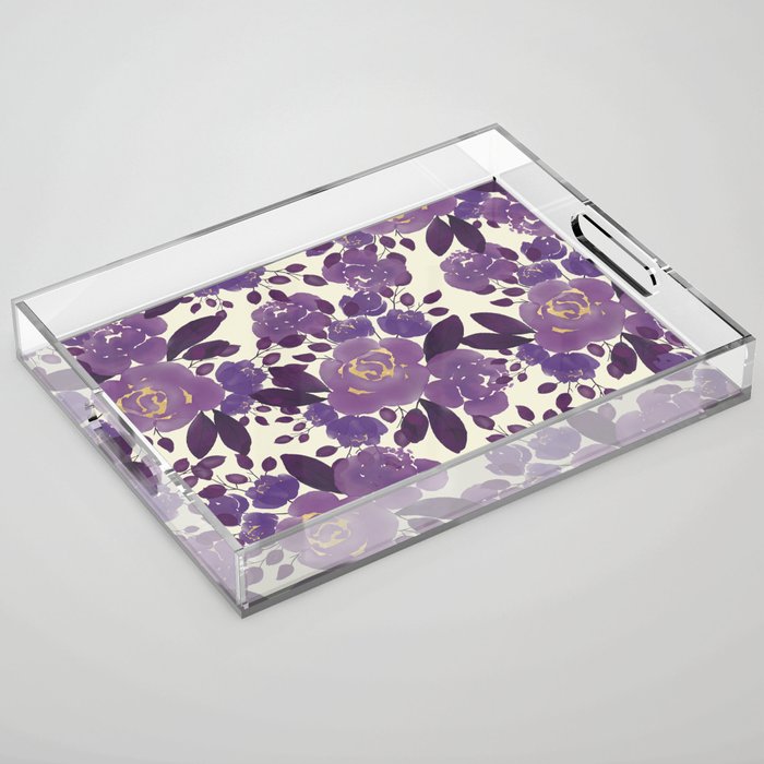 Elegant ivory gold lavender purple watercolor floral  Acrylic Tray Gallery Image 1