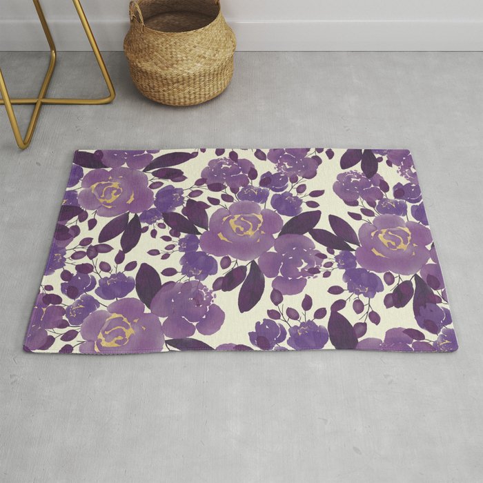 Elegant ivory gold lavender purple watercolor floral  Rug Gallery Image 1