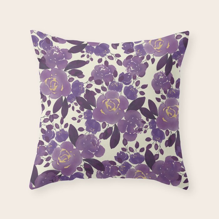 Elegant ivory gold lavender purple watercolor floral  Throw Pillow Gallery Image 1