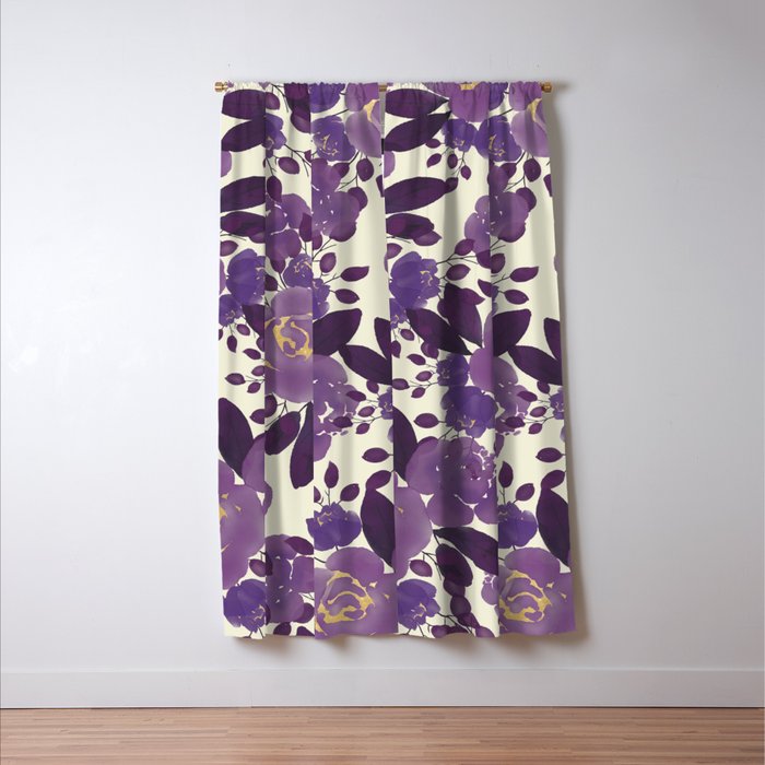 Elegant ivory gold lavender purple watercolor floral  Window Curtain Gallery Image 3