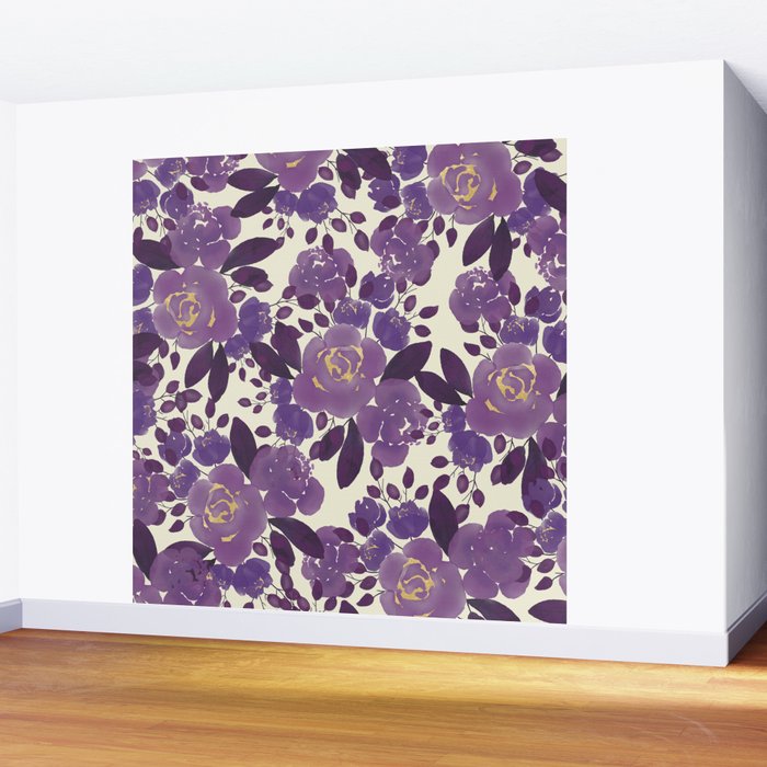 Elegant ivory gold lavender purple watercolor floral  Wall Mural Gallery Image 2