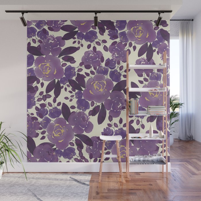 Elegant ivory gold lavender purple watercolor floral  Wall Mural Gallery Image 1