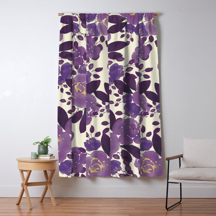 Elegant ivory gold lavender purple watercolor floral  Window Curtain Gallery Image 1