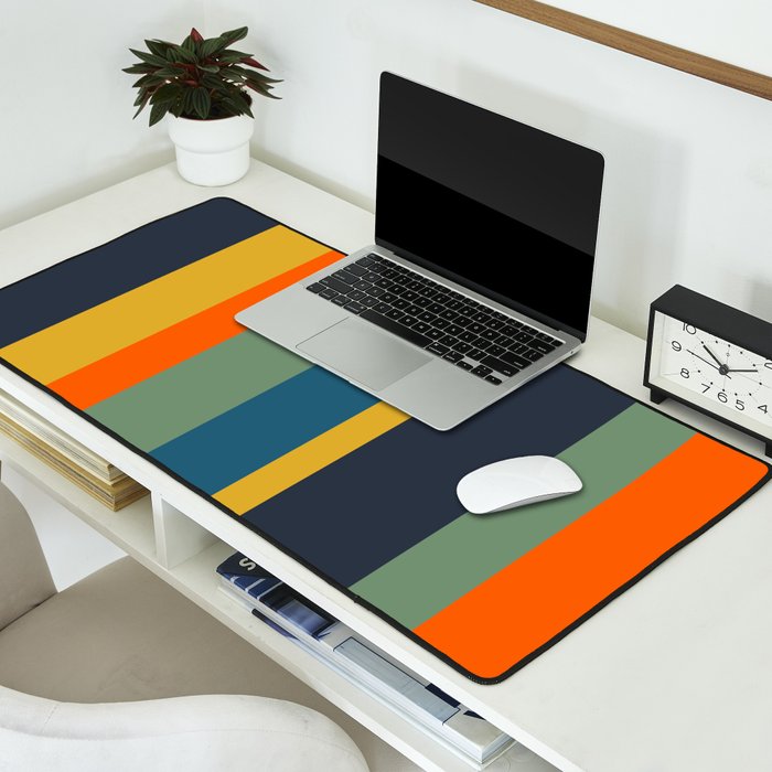 Retro Modern Vertical Stripe Pattern Blue Sage Orange Mustard Desk Mat Gallery Image 2