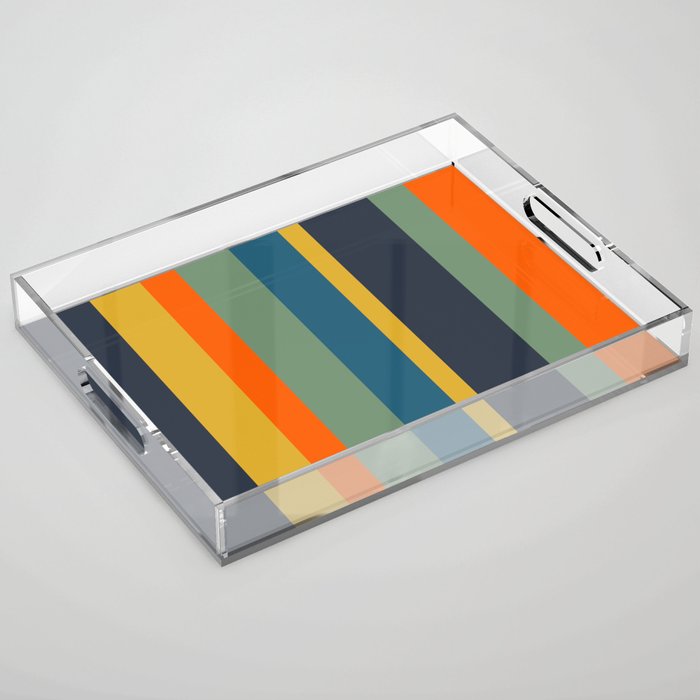 Retro Modern Vertical Stripe Pattern Blue Sage Orange Mustard Acrylic Tray Gallery Image 1