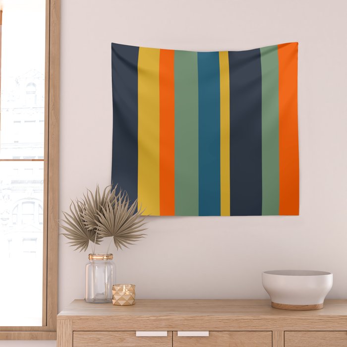 Retro Modern Vertical Stripe Pattern Blue Sage Orange Mustard Wall Tapestry Gallery Image 2