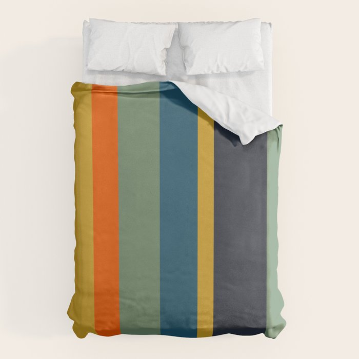 Retro Modern Vertical Stripe Pattern Blue Sage Orange Mustard Duvet Cover Gallery Image 6