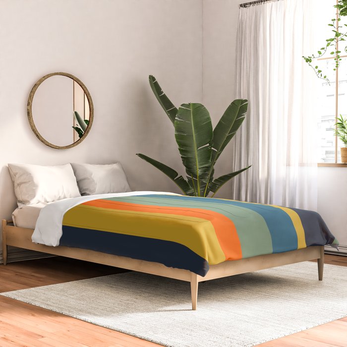 Retro Modern Vertical Stripe Pattern Blue Sage Orange Mustard Comforter Gallery Image 2