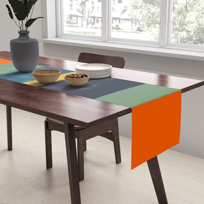 Retro Modern Vertical Stripe Pattern Blue Sage Orange Mustard Table Runner Gallery Image 2