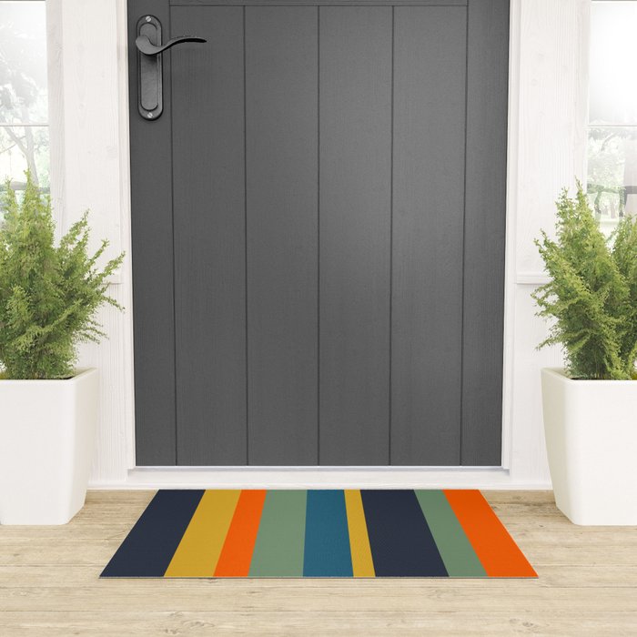 Retro Modern Vertical Stripe Pattern Blue Sage Orange Mustard Welcome Mat Gallery Image 3