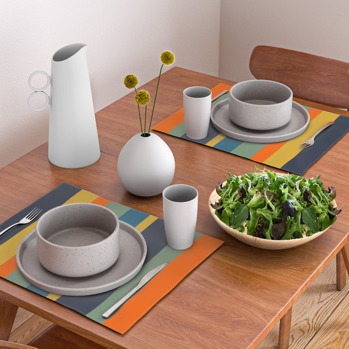 Retro Modern Vertical Stripe Pattern Blue Sage Orange Mustard Placemat Gallery Image 2
