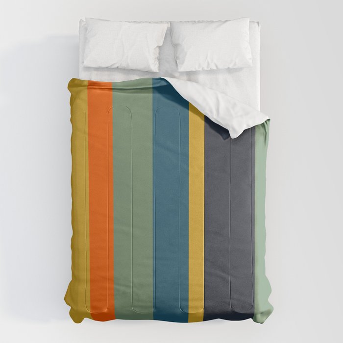 Retro Modern Vertical Stripe Pattern Blue Sage Orange Mustard Comforter Gallery Image 1