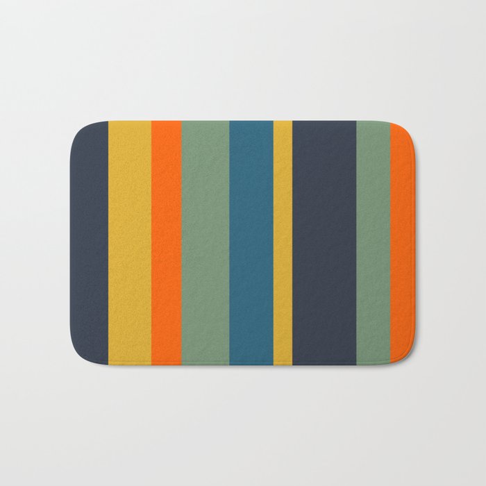 Retro Modern Vertical Stripe Pattern Blue Sage Orange Mustard Bath Mat Gallery Image 1