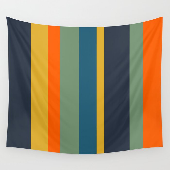 Retro Modern Vertical Stripe Pattern Blue Sage Orange Mustard Wall Tapestry Gallery Image 1