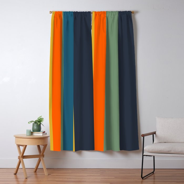 Retro Modern Vertical Stripe Pattern Blue Sage Orange Mustard Window Curtain Gallery Image 1