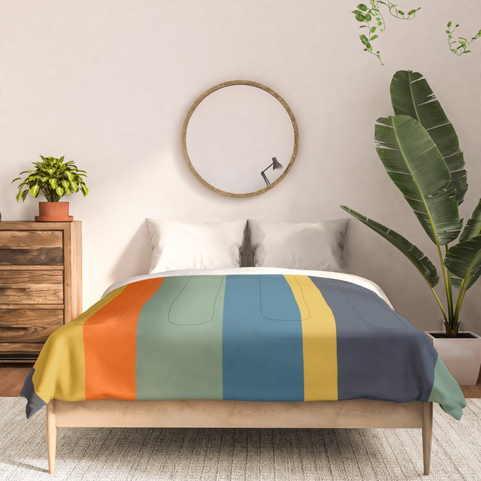 Retro Modern Vertical Stripe Pattern Blue Sage Orange Mustard Comforter Gallery Image 3