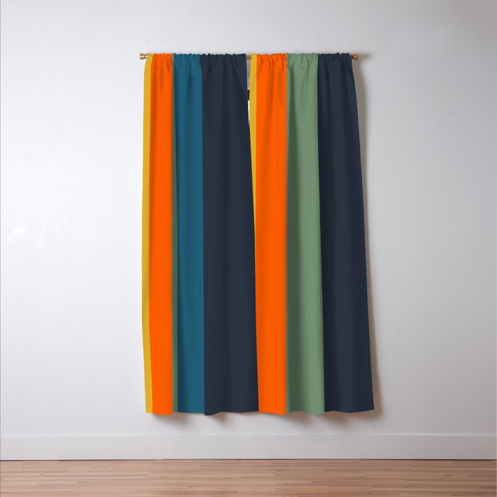 Retro Modern Vertical Stripe Pattern Blue Sage Orange Mustard Window Curtain Gallery Image 3