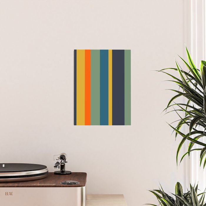 Retro Modern Vertical Stripe Pattern Blue Sage Orange Mustard Poster Gallery Image 2