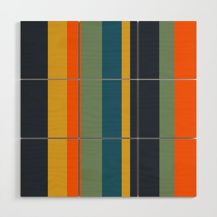 Retro Modern Vertical Stripe Pattern Blue Sage Orange Mustard Wood Wall Art Gallery Image 1