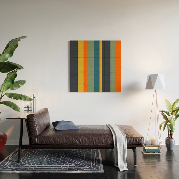 Retro Modern Vertical Stripe Pattern Blue Sage Orange Mustard Wood Wall Art Gallery Image 2