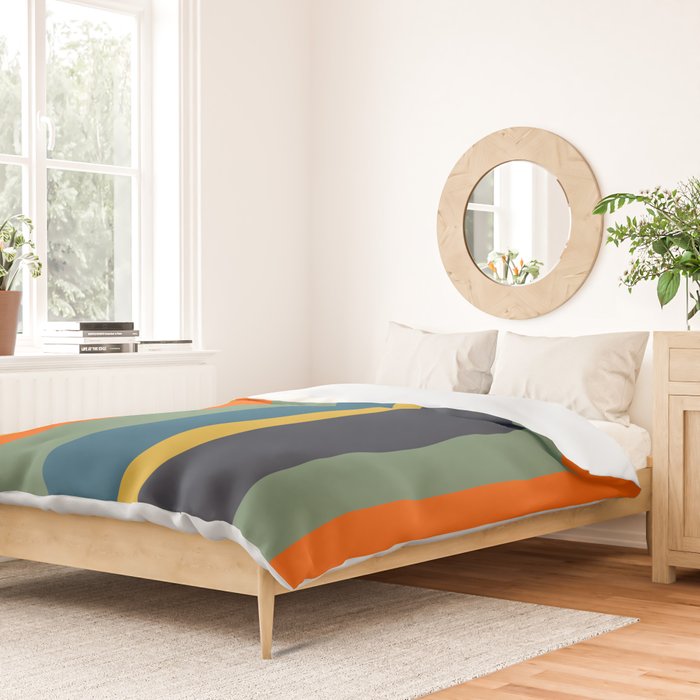 Retro Modern Vertical Stripe Pattern Blue Sage Orange Mustard Duvet Cover Gallery Image 2