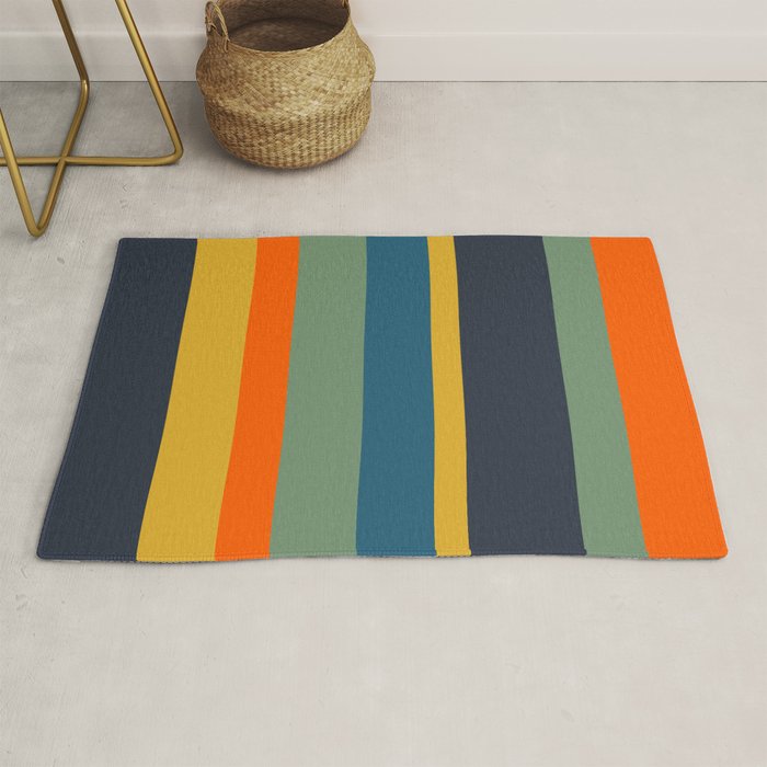 Retro Modern Vertical Stripe Pattern Blue Sage Orange Mustard Rug Gallery Image 1