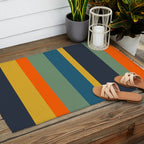 Retro Modern Vertical Stripe Pattern Blue Sage Orange Mustard Outdoor Rug Gallery Image 2