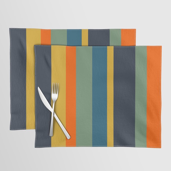 Retro Modern Vertical Stripe Pattern Blue Sage Orange Mustard Placemat Gallery Image 1