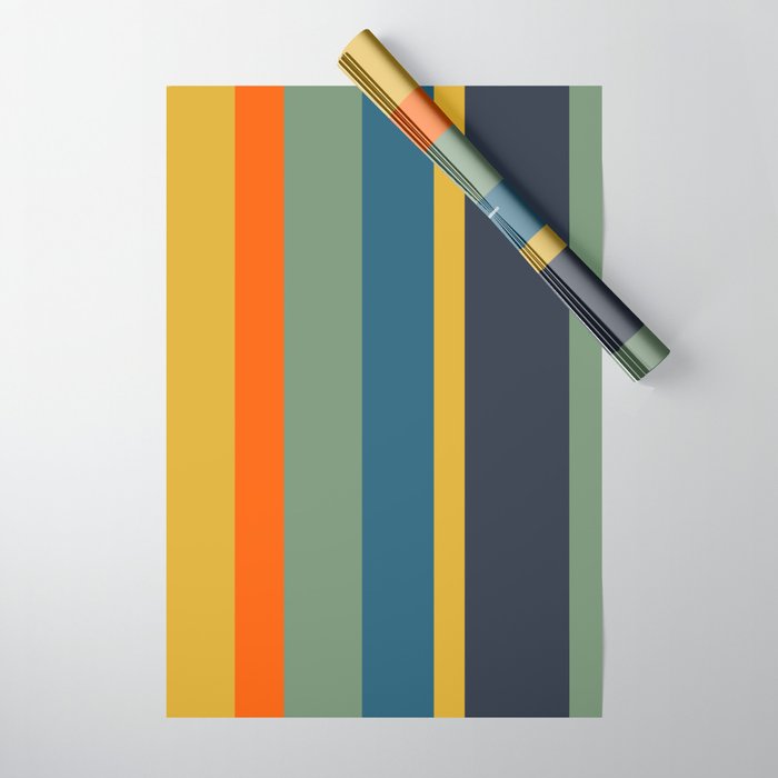 Retro Modern Vertical Stripe Pattern Blue Sage Orange Mustard Wrapping Paper Gallery Image 1