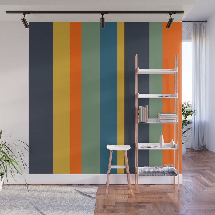 Retro Modern Vertical Stripe Pattern Blue Sage Orange Mustard Wall Mural Gallery Image 1