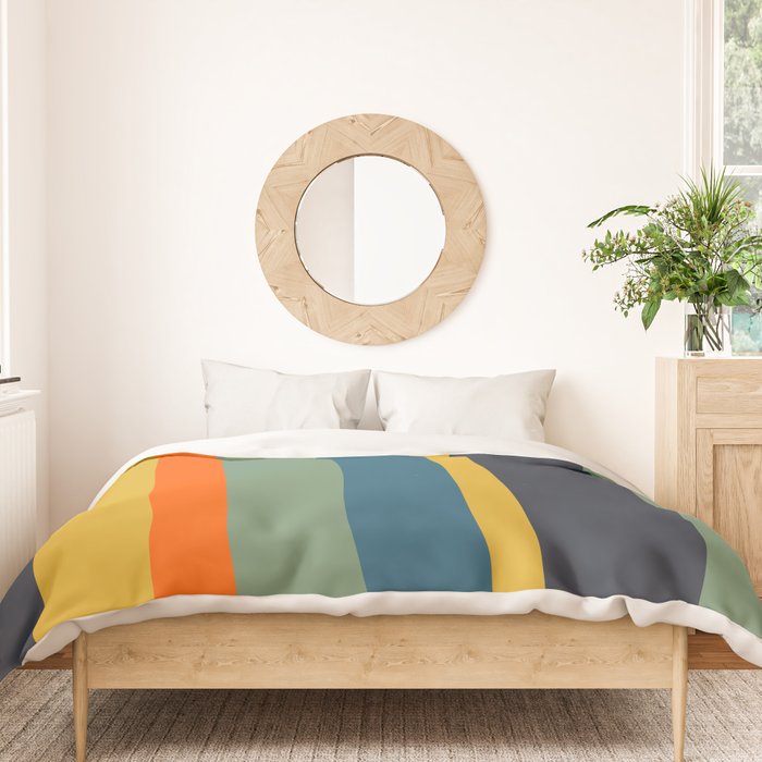 Retro Modern Vertical Stripe Pattern Blue Sage Orange Mustard Duvet Cover Gallery Image 3