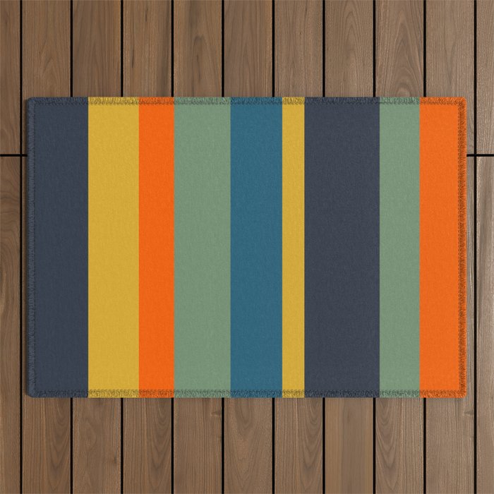 Retro Modern Vertical Stripe Pattern Blue Sage Orange Mustard Outdoor Rug Gallery Image 1