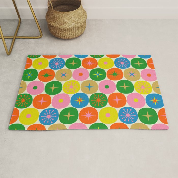 Mid Century Modern Atomic Future Colorful Dots and Stars Pattern Rug Gallery Image 1