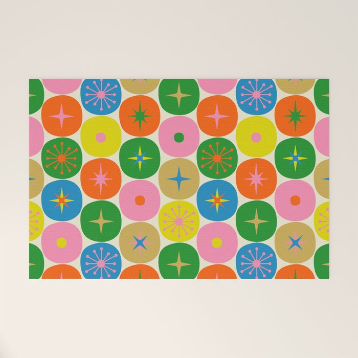 Mid Century Modern Atomic Future Colorful Dots and Stars Pattern Welcome Mat Gallery Image 1