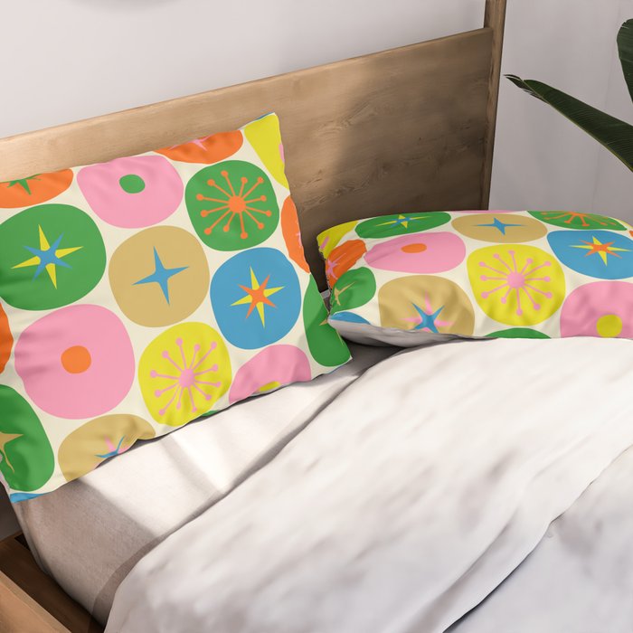 Mid Century Modern Atomic Future Colorful Dots and Stars Pattern Pillow Sham Gallery Image 2