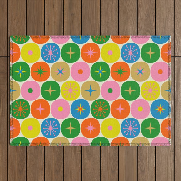 Mid Century Modern Atomic Future Colorful Dots and Stars Pattern Outdoor Rug Gallery Image 1